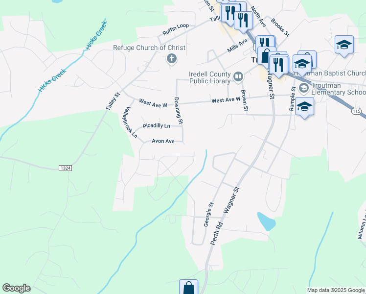 map of restaurants, bars, coffee shops, grocery stores, and more near 403 Avon Avenue in Troutman