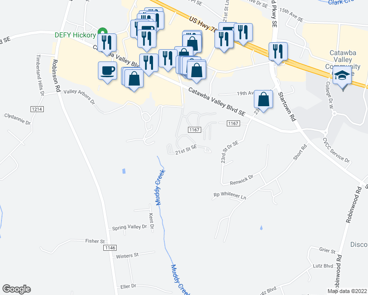 map of restaurants, bars, coffee shops, grocery stores, and more near 2117 21st Street Southeast in Hickory