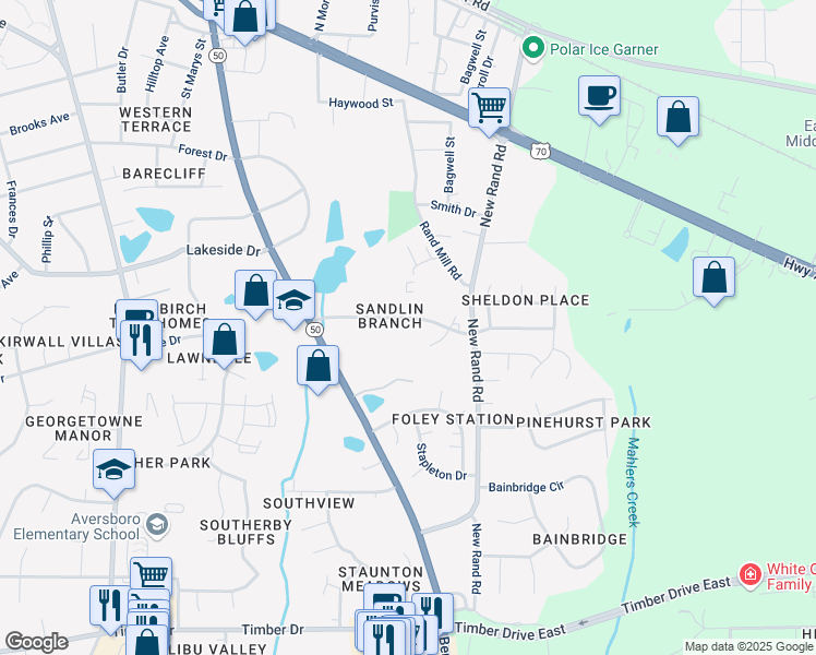 map of restaurants, bars, coffee shops, grocery stores, and more near 219 Kentucky Drive in Garner