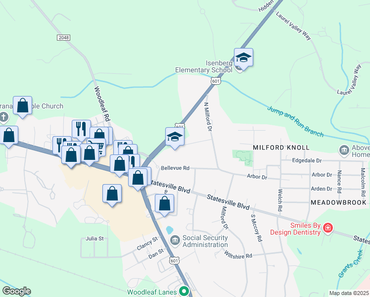 map of restaurants, bars, coffee shops, grocery stores, and more near 125 Shamrock Drive in Salisbury