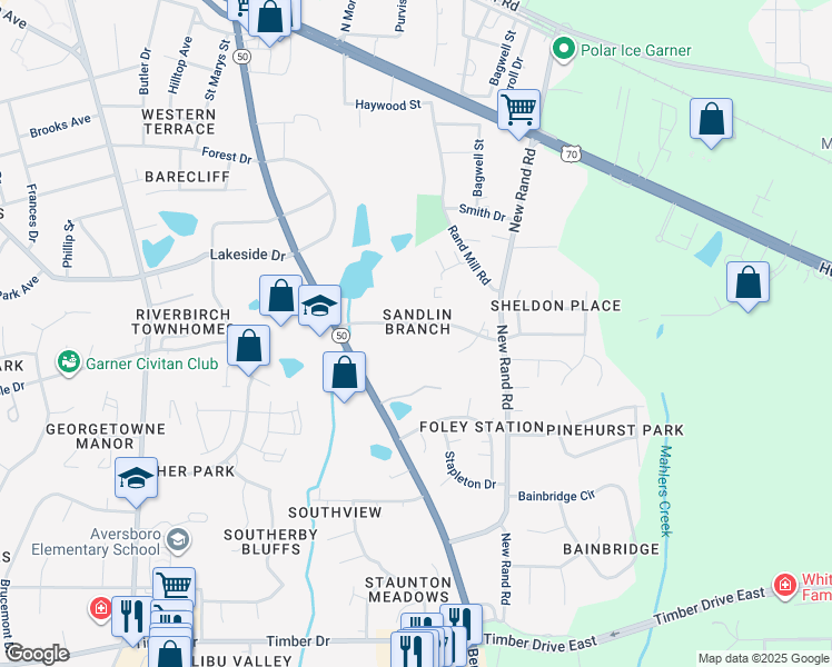 map of restaurants, bars, coffee shops, grocery stores, and more near 303 Kentucky Drive in Garner