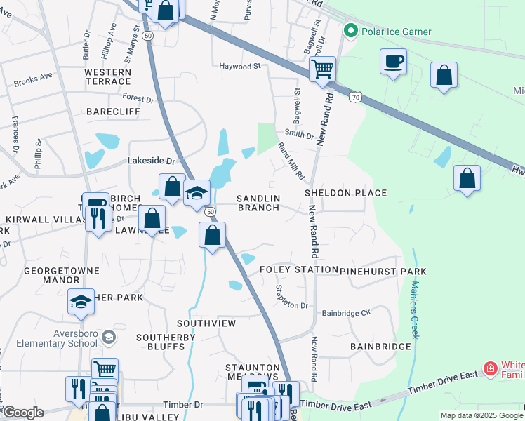 map of restaurants, bars, coffee shops, grocery stores, and more near 227 Kentucky Drive in Garner