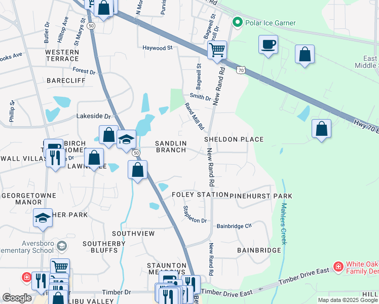 map of restaurants, bars, coffee shops, grocery stores, and more near 106 Barslund Court in Garner