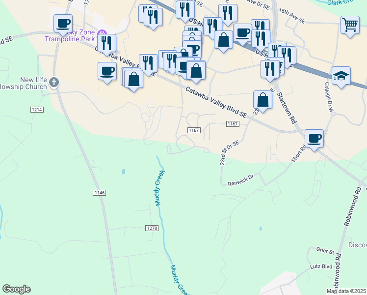map of restaurants, bars, coffee shops, grocery stores, and more near 2117 21st Street Southeast in Hickory