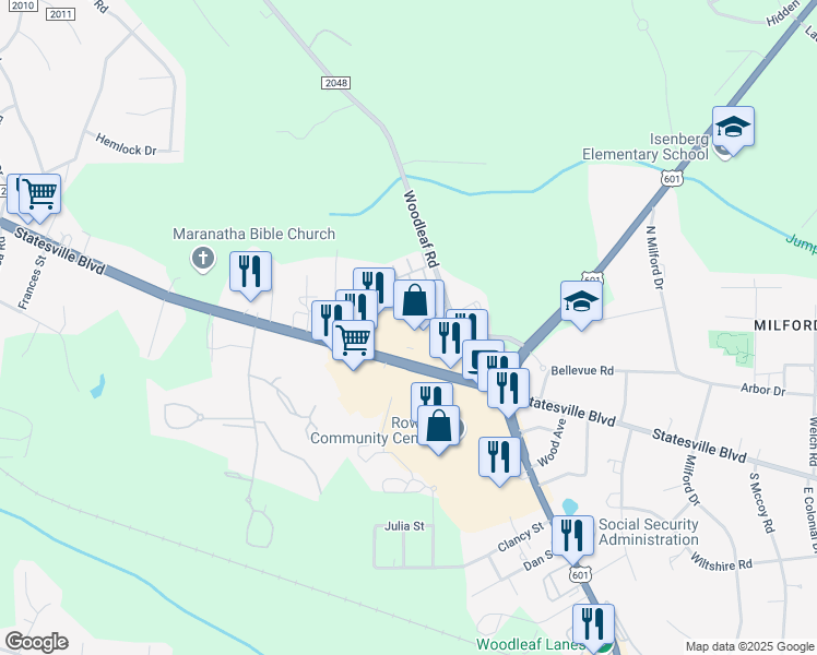map of restaurants, bars, coffee shops, grocery stores, and more near 2104 Statesville Boulevard in Salisbury