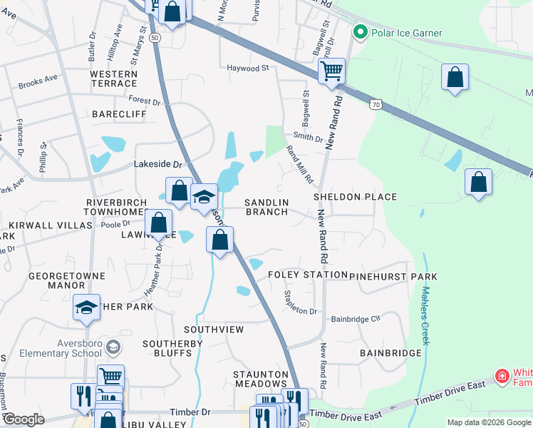 map of restaurants, bars, coffee shops, grocery stores, and more near 231 Kentucky Drive in Garner