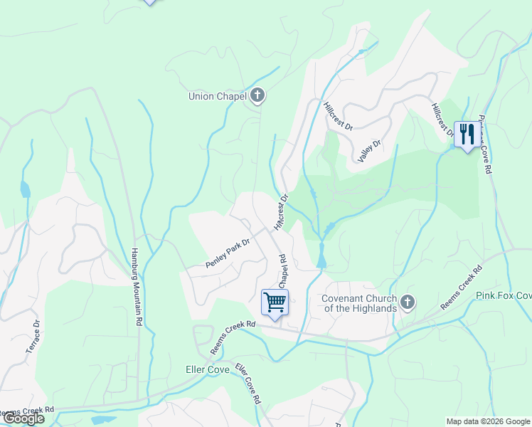 map of restaurants, bars, coffee shops, grocery stores, and more near 117 Hillcrest Drive in Weaverville