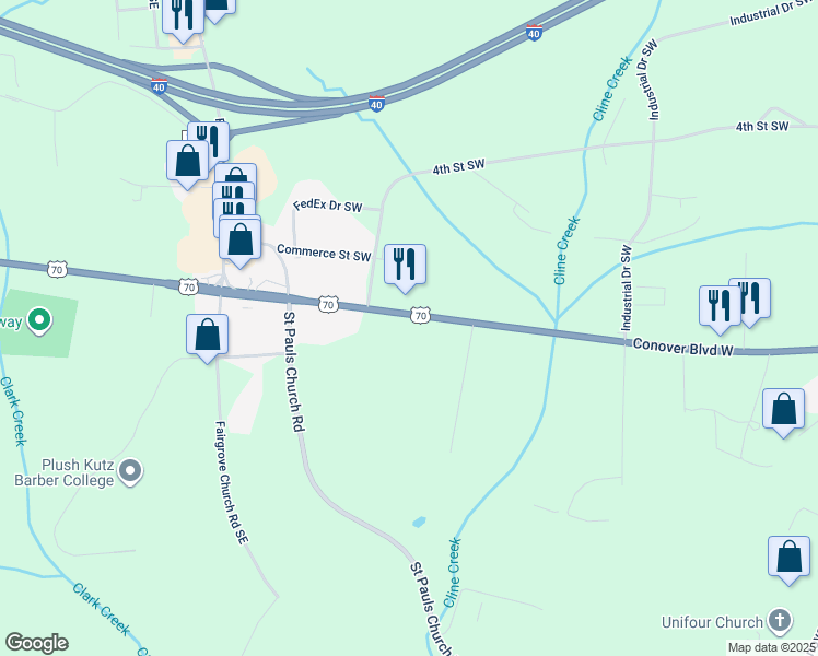 map of restaurants, bars, coffee shops, grocery stores, and more near 1255 US 70 Highway in Newton
