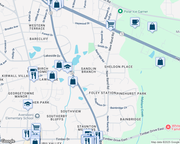 map of restaurants, bars, coffee shops, grocery stores, and more near 225 Kentucky Drive in Garner