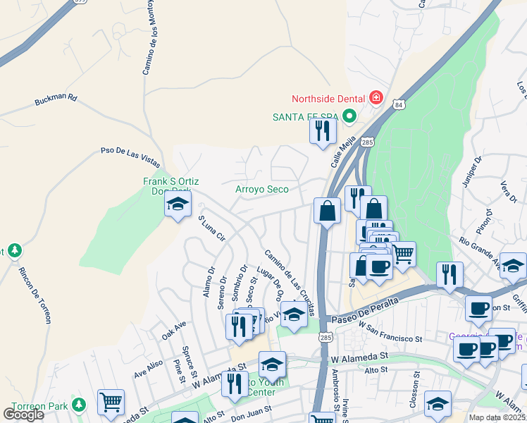 map of restaurants, bars, coffee shops, grocery stores, and more near 228 Las Mananitas Street in Santa Fe