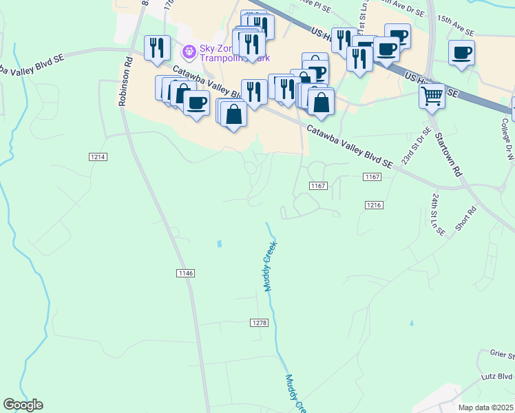 map of restaurants, bars, coffee shops, grocery stores, and more near 2112 Mosteller Estate Avenue Southeast in Hickory