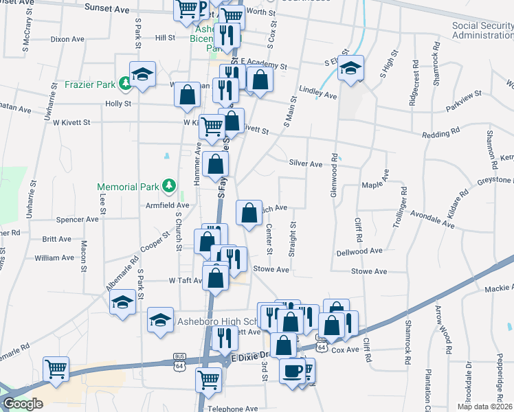 map of restaurants, bars, coffee shops, grocery stores, and more near 903 South Cox Street in Asheboro