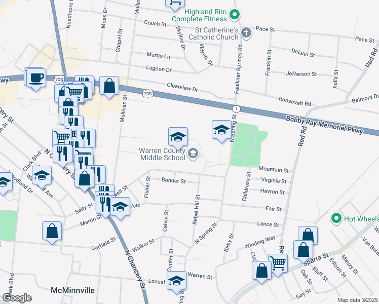 map of restaurants, bars, coffee shops, grocery stores, and more near 200 Caldwell Street in McMinnville