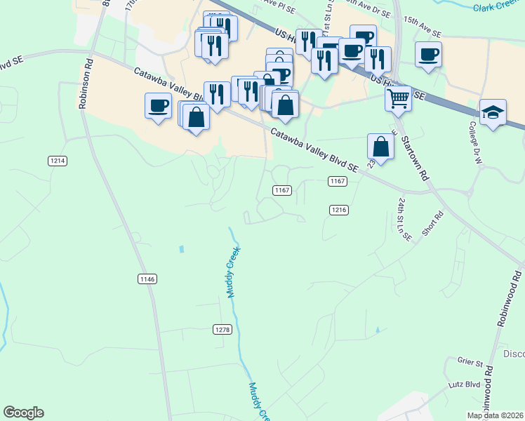 map of restaurants, bars, coffee shops, grocery stores, and more near 2117 21st Street Southeast in Hickory