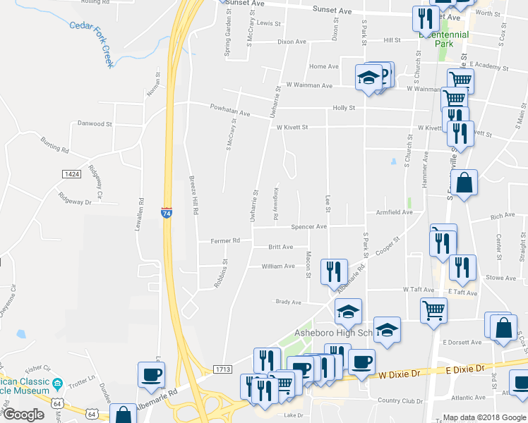 map of restaurants, bars, coffee shops, grocery stores, and more near 831 Uwharrie Street in Asheboro