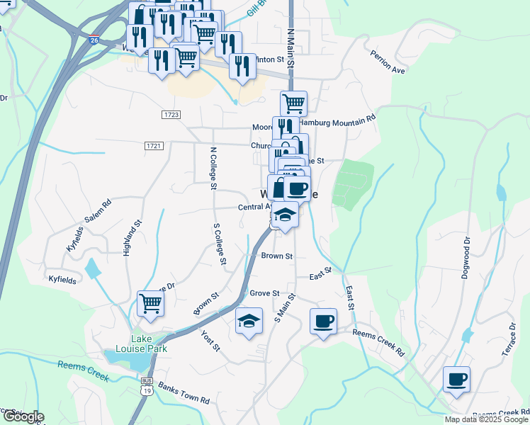 map of restaurants, bars, coffee shops, grocery stores, and more near 19 Merrimon Avenue in Weaverville