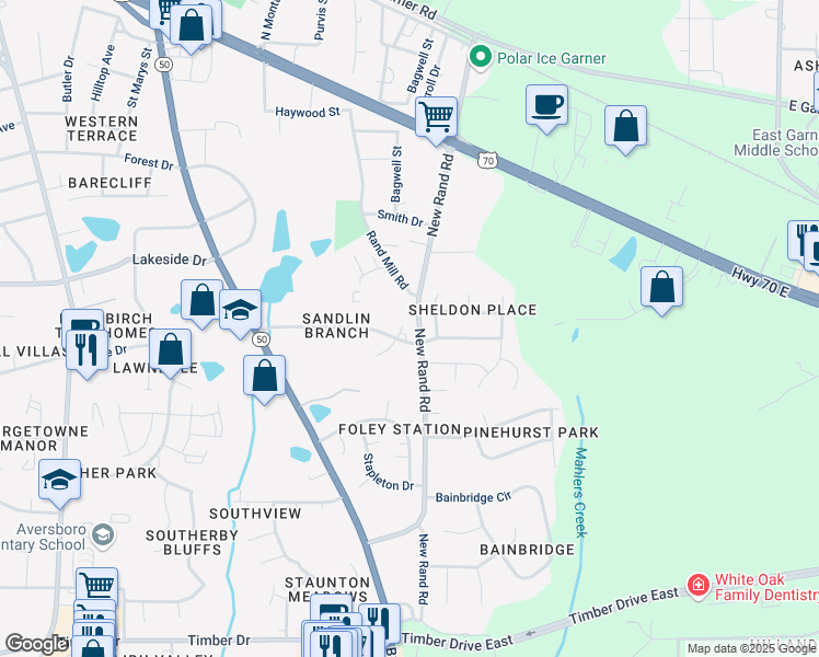 map of restaurants, bars, coffee shops, grocery stores, and more near 106 Audrey Court in Garner