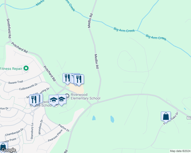 map of restaurants, bars, coffee shops, grocery stores, and more near 335 Medlin Road in Clayton