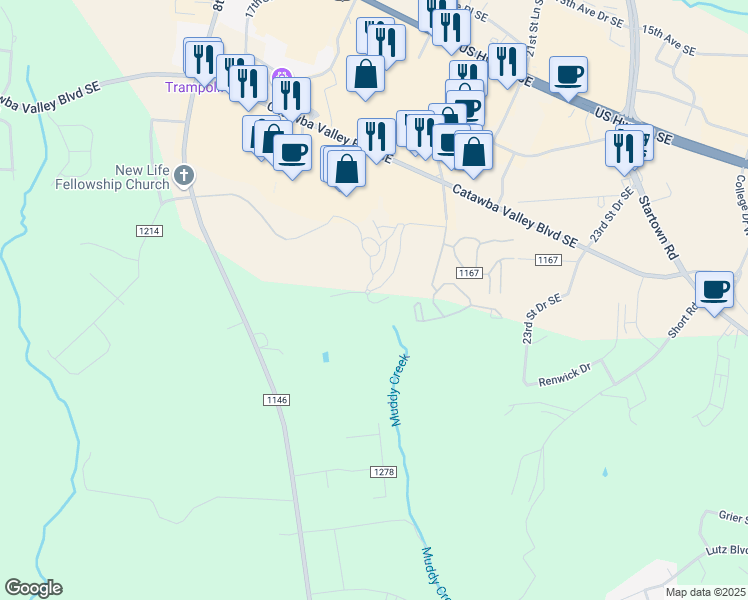map of restaurants, bars, coffee shops, grocery stores, and more near 2214 Mosteller Estate Avenue Southeast in Hickory