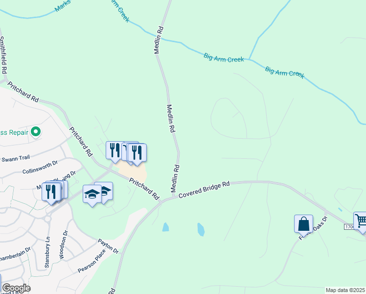 map of restaurants, bars, coffee shops, grocery stores, and more near 249 Medlin Road in Clayton