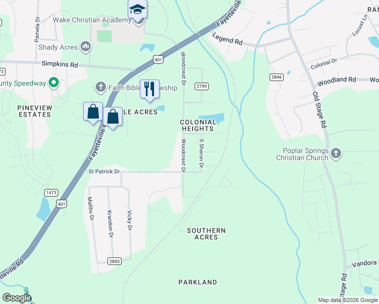 map of restaurants, bars, coffee shops, grocery stores, and more near 5931 Woodcrest Drive in Raleigh