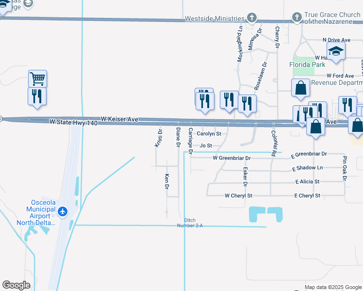 map of restaurants, bars, coffee shops, grocery stores, and more near 119 Diane Drive in Osceola