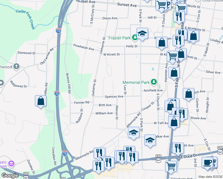 map of restaurants, bars, coffee shops, grocery stores, and more near 624 Spencer Avenue in Asheboro