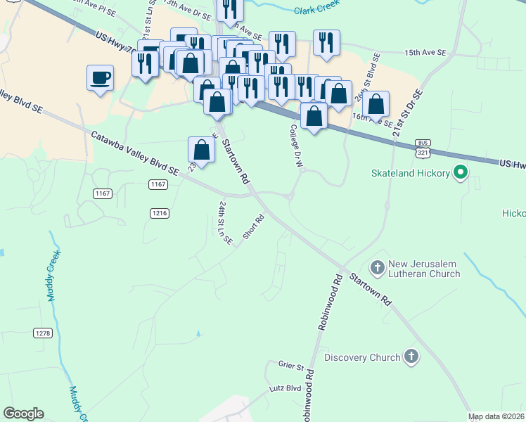 map of restaurants, bars, coffee shops, grocery stores, and more near 1985 Startown Road in Hickory