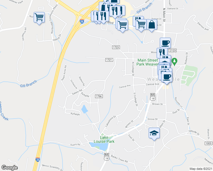 map of restaurants, bars, coffee shops, grocery stores, and more near 42 Highland Street in Weaverville