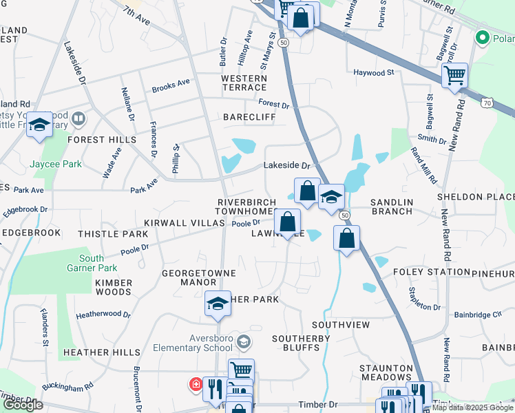 map of restaurants, bars, coffee shops, grocery stores, and more near 227 Bayleigh Court in Garner