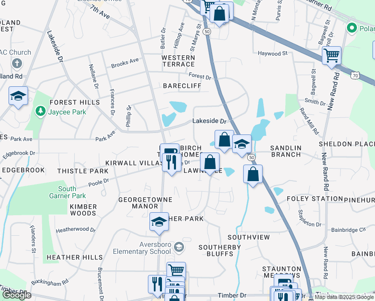 map of restaurants, bars, coffee shops, grocery stores, and more near 163 Bayleigh Court in Garner