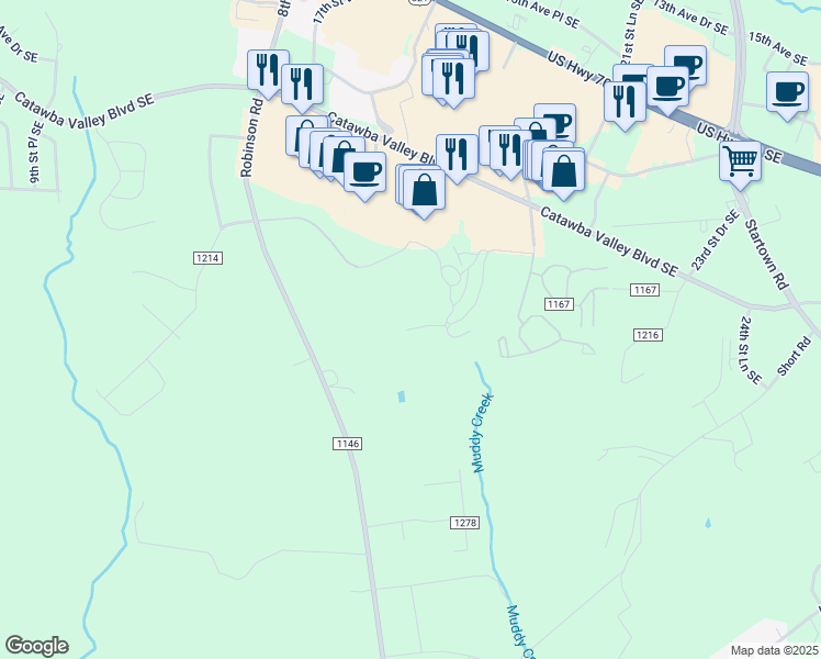 map of restaurants, bars, coffee shops, grocery stores, and more near 2214 Mosteller Estate Avenue Southeast in Hickory
