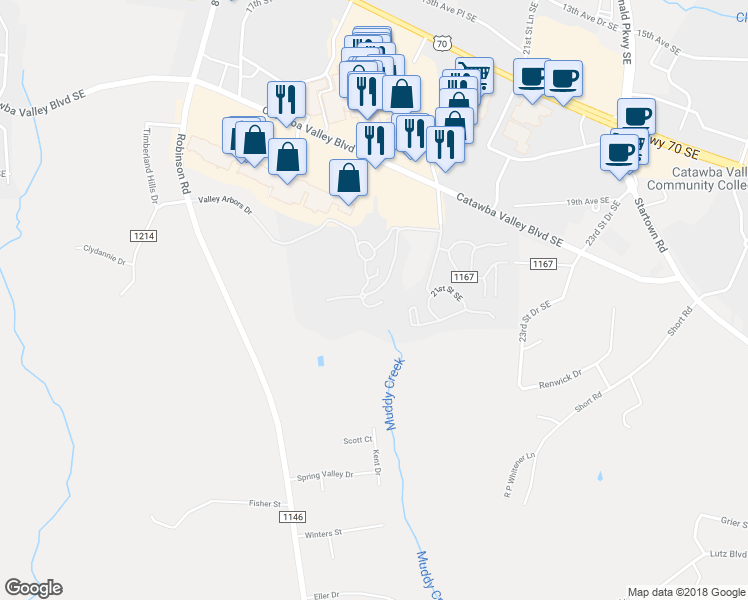 map of restaurants, bars, coffee shops, grocery stores, and more near 2076 Mosteller Estate Avenue Southeast in Hickory
