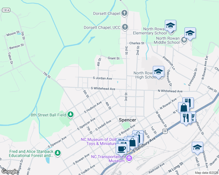 map of restaurants, bars, coffee shops, grocery stores, and more near 102 South Baldwin Avenue in Spencer