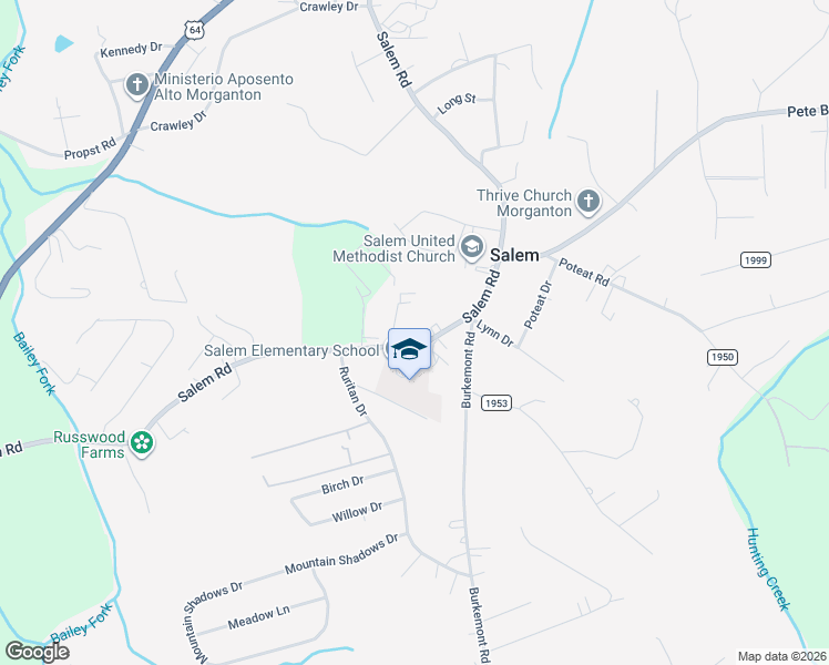 map of restaurants, bars, coffee shops, grocery stores, and more near 1308 Salem Road in Morganton