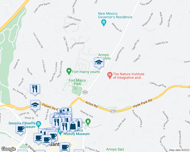map of restaurants, bars, coffee shops, grocery stores, and more near 702 Bishops Lodge Road in Santa Fe