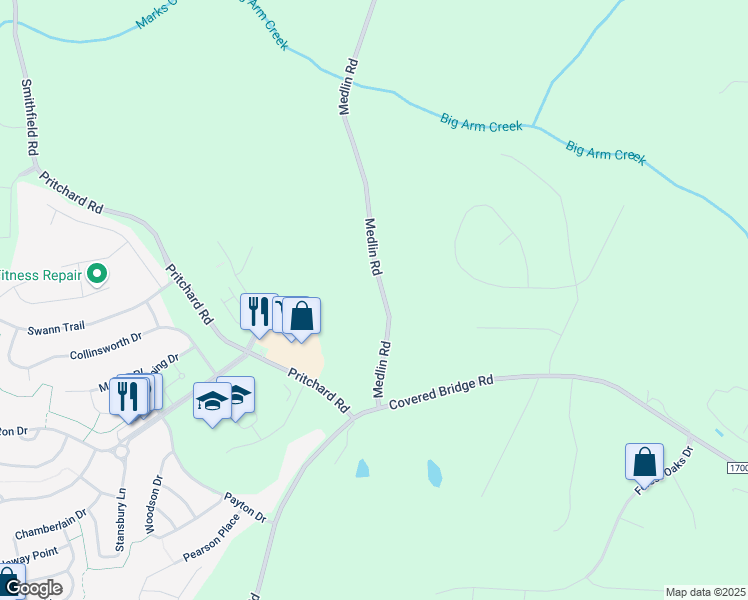 map of restaurants, bars, coffee shops, grocery stores, and more near 335 Medlin Road in Clayton
