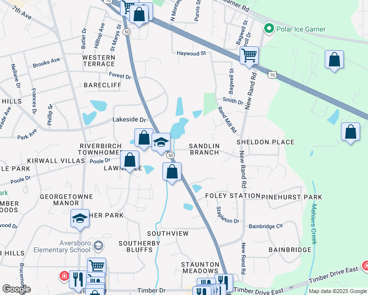map of restaurants, bars, coffee shops, grocery stores, and more near 416 Kentucky Drive in Garner