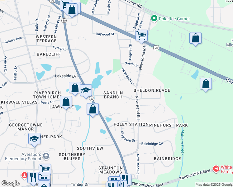 map of restaurants, bars, coffee shops, grocery stores, and more near 314 Kentucky Drive in Garner