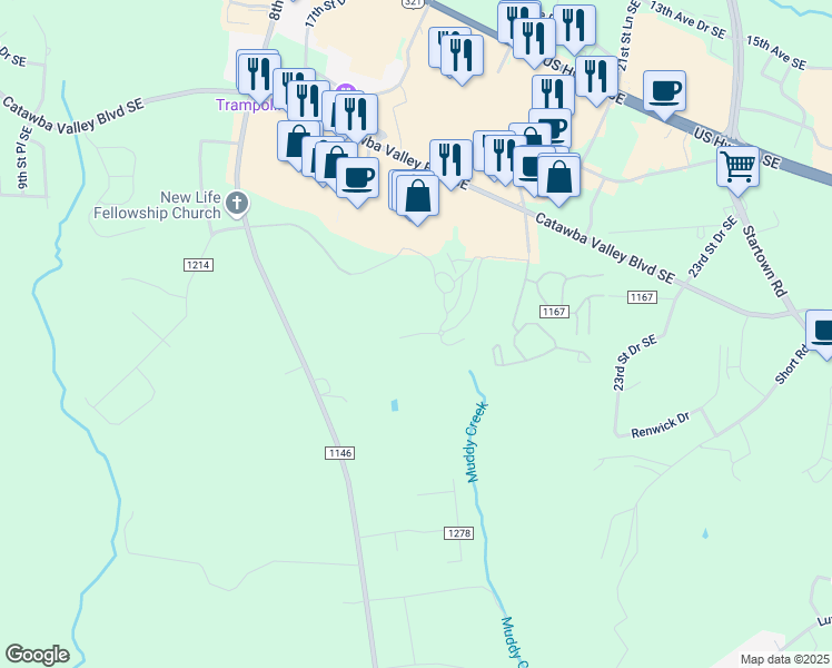 map of restaurants, bars, coffee shops, grocery stores, and more near 2214 Mosteller Estate Avenue Southeast in Hickory