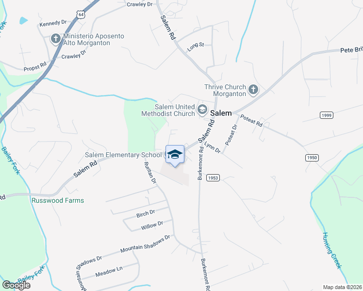 map of restaurants, bars, coffee shops, grocery stores, and more near 1308 Salem Road in Morganton