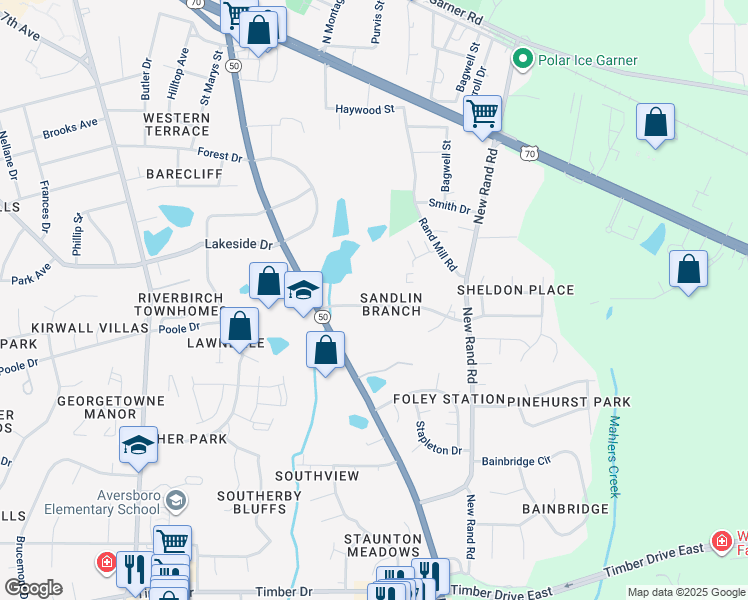 map of restaurants, bars, coffee shops, grocery stores, and more near 324 Kentucky Drive in Garner
