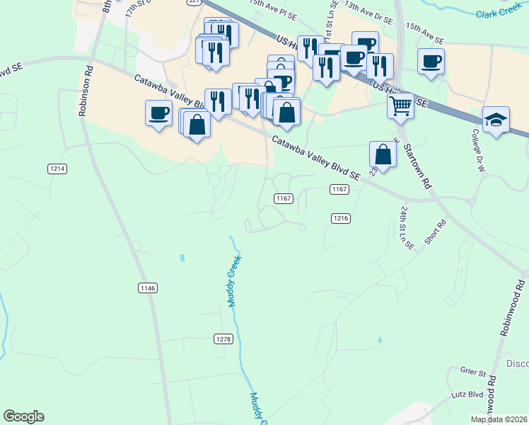 map of restaurants, bars, coffee shops, grocery stores, and more near 2105 State Road 1167 in Hickory