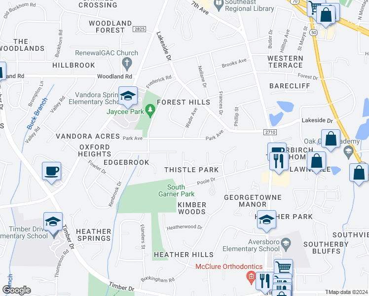 map of restaurants, bars, coffee shops, grocery stores, and more near 1469 South Wade Avenue in Garner