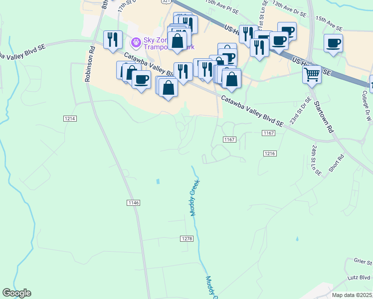 map of restaurants, bars, coffee shops, grocery stores, and more near 2190 Mosteller Estate Avenue Southeast in Hickory