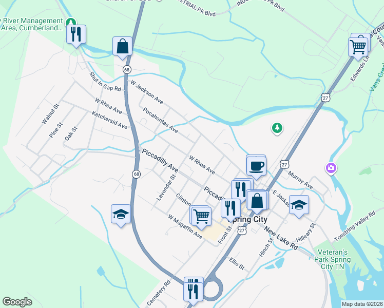 map of restaurants, bars, coffee shops, grocery stores, and more near 156 Lavender Street in Spring City