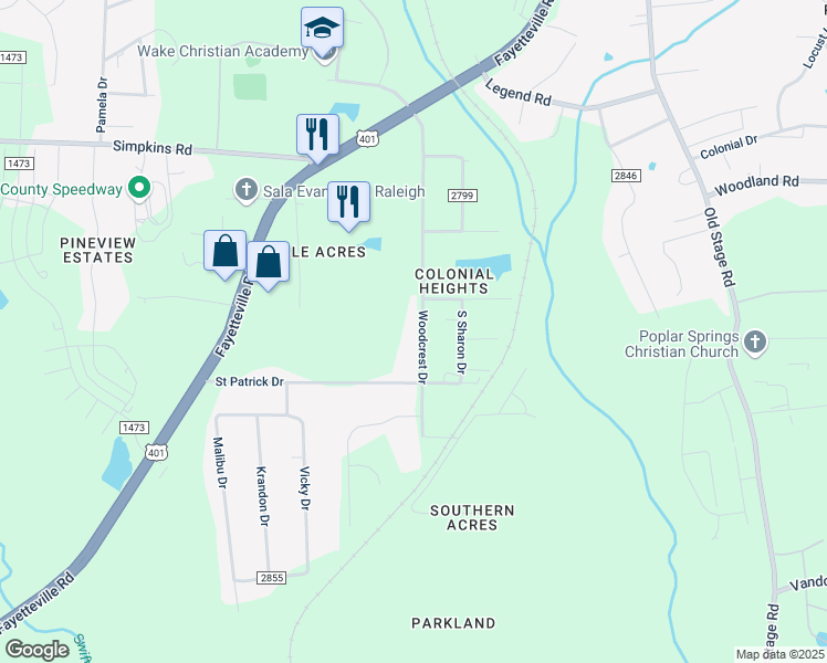 map of restaurants, bars, coffee shops, grocery stores, and more near 5918 Woodcrest Drive in Raleigh