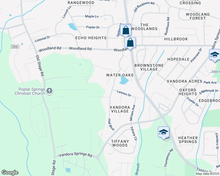 map of restaurants, bars, coffee shops, grocery stores, and more near 1601 Hall Boulevard in Garner