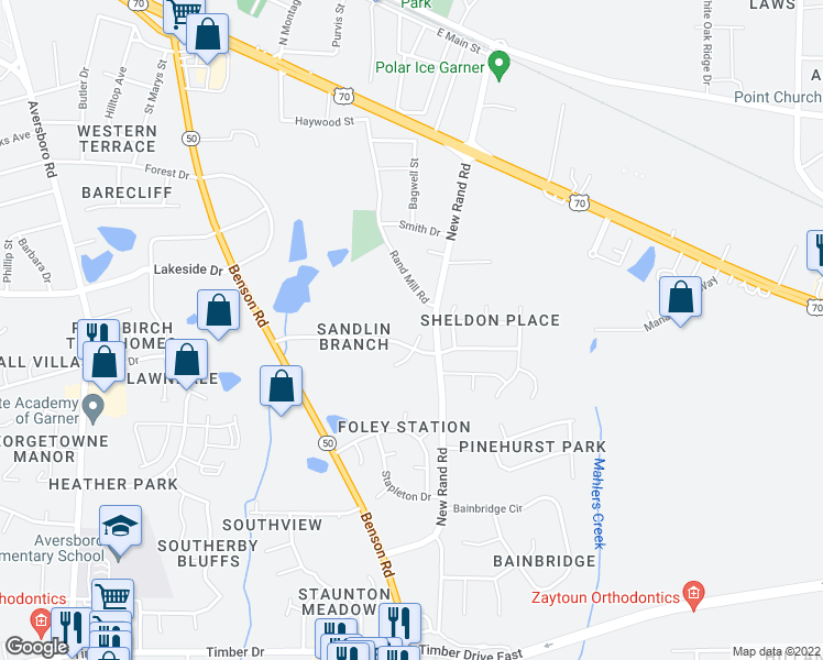 map of restaurants, bars, coffee shops, grocery stores, and more near 118 Audrey Court in Garner