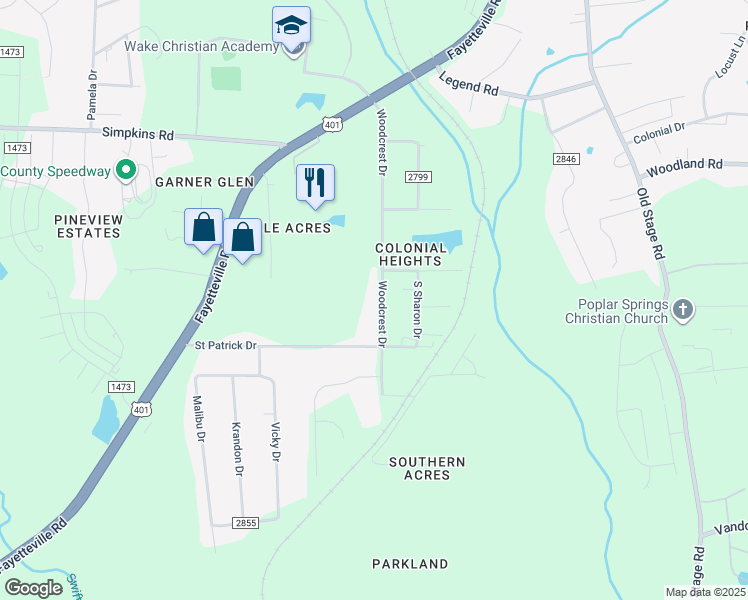 map of restaurants, bars, coffee shops, grocery stores, and more near 5918 Woodcrest Drive in Raleigh